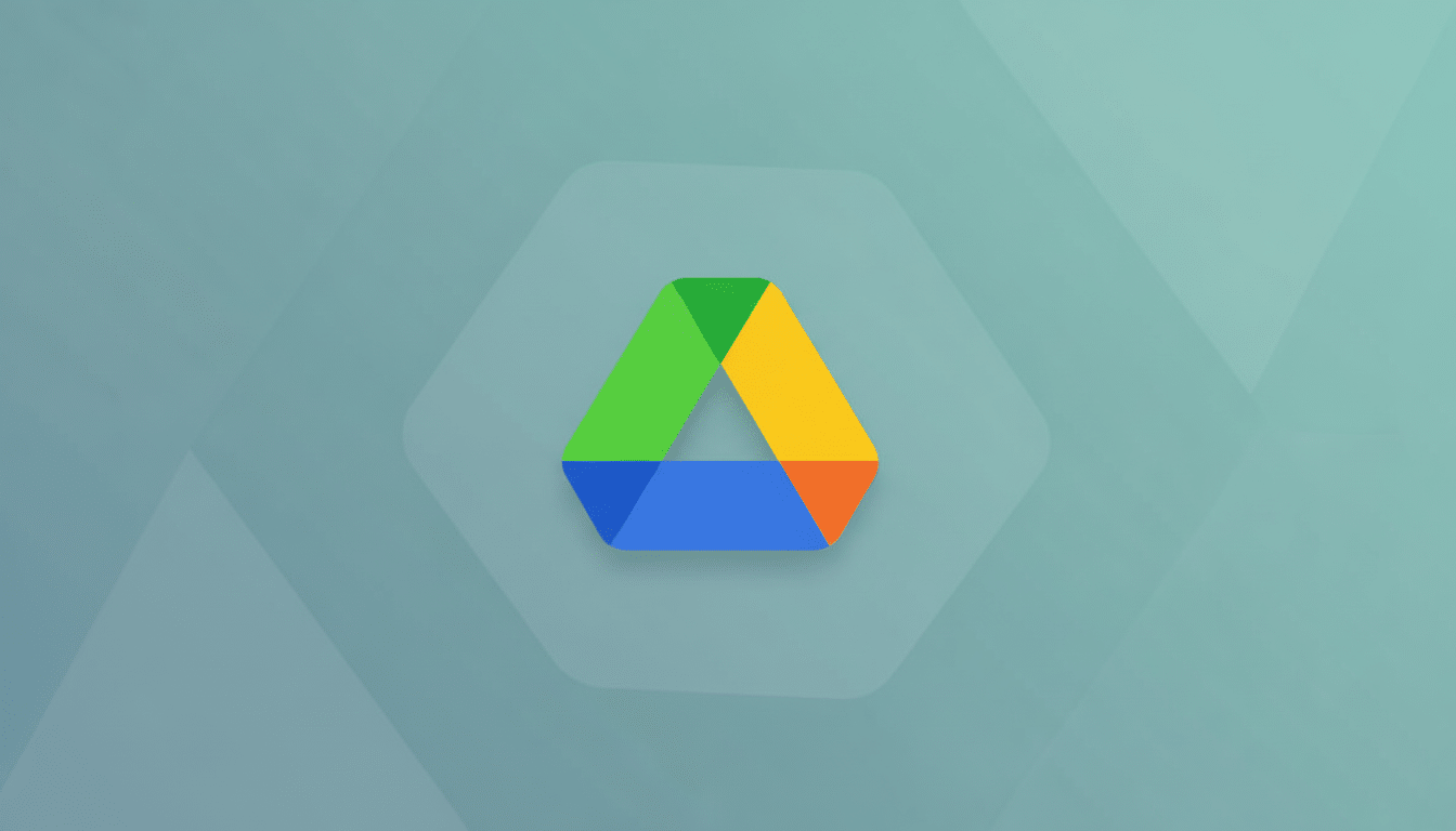 The Google Drive logo is displayed on a minimalist background with a soft gradient and subtle hexagonal patterns, presented in a 1 6: 9 aspect ratio.
