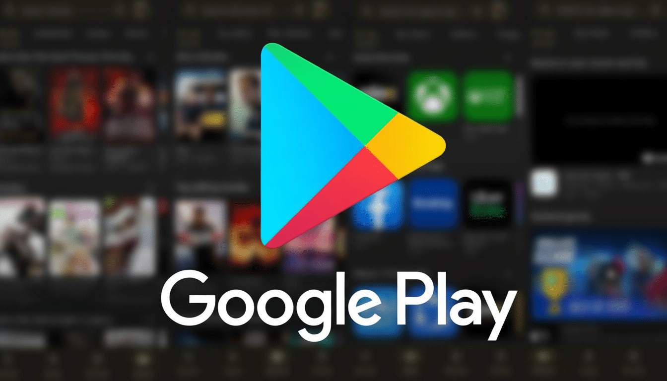 The Google Play logo and text centered against a blurred background of various app icons.