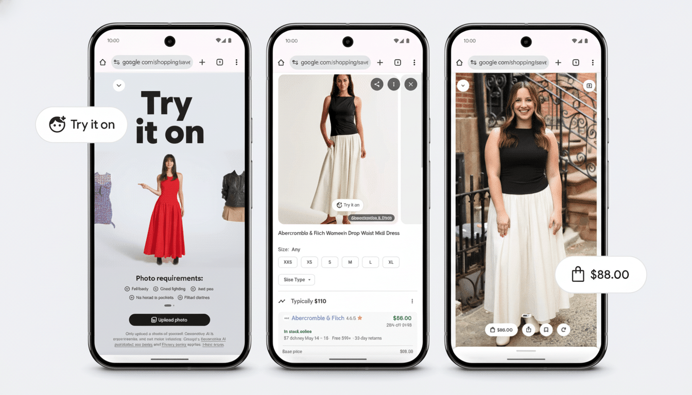 A professional enhancement of the original image , preserving the three mobile phone screens displaying a Try it on feature for clothing . The screens show a model in a red dress, a product page for a women's drop -wa ist midi dress , and a model trying on the dress. The aspect ratio has been adjusted to 16:9 while maintaining the original background for the human subjects. Filename : professional mobile clothing app screens . png