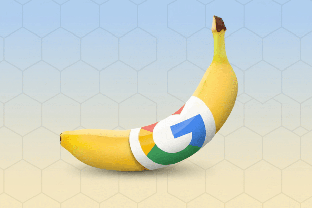 A ripe yellow banana with a Google logo sticker on its peel , set against a professional flat design background with a soft blue and yellow gradient and subtle hexagonal pattern .