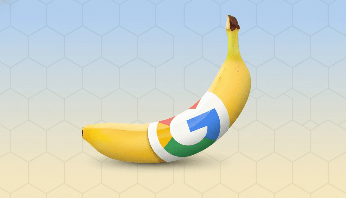 A ripe yellow banana with a Google logo sticker on its peel , set against a professional flat design background with a soft blue and yellow gradient and subtle hexagonal pattern .