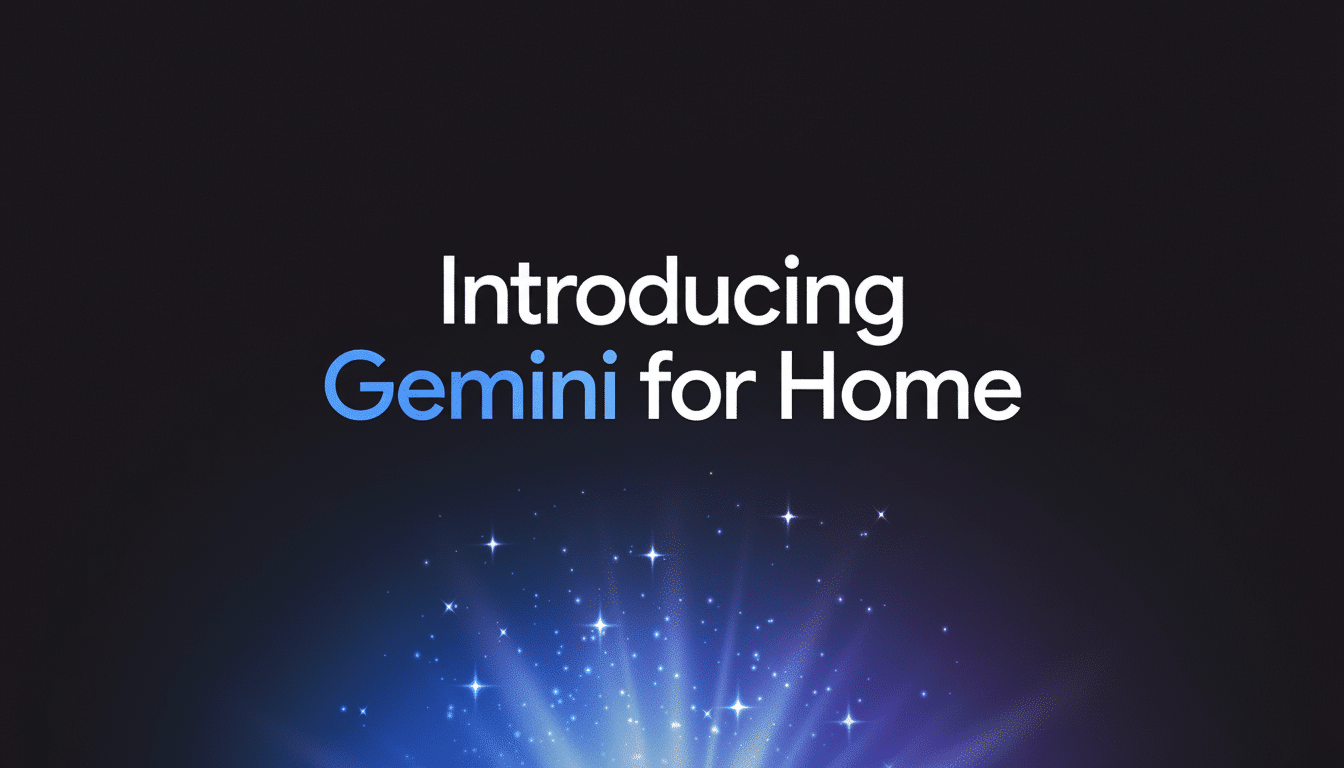 The text Introducing Gemini for Home in white and blue font with a starry blue and purple glow at the bottom, set against a dark background, in a 1 6: