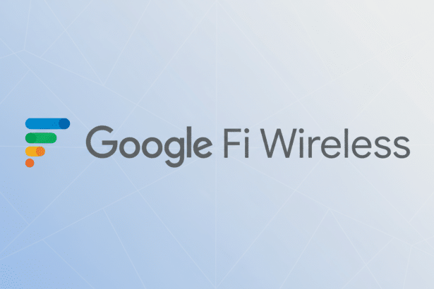Google Fi Wireless logo on a blue background with a subtle geometric pattern .