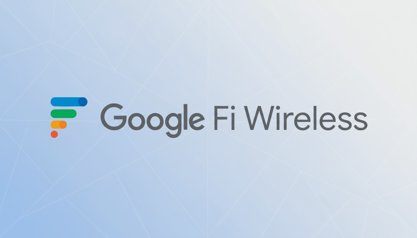Google Fi Wireless logo on a blue background with a subtle geometric pattern .