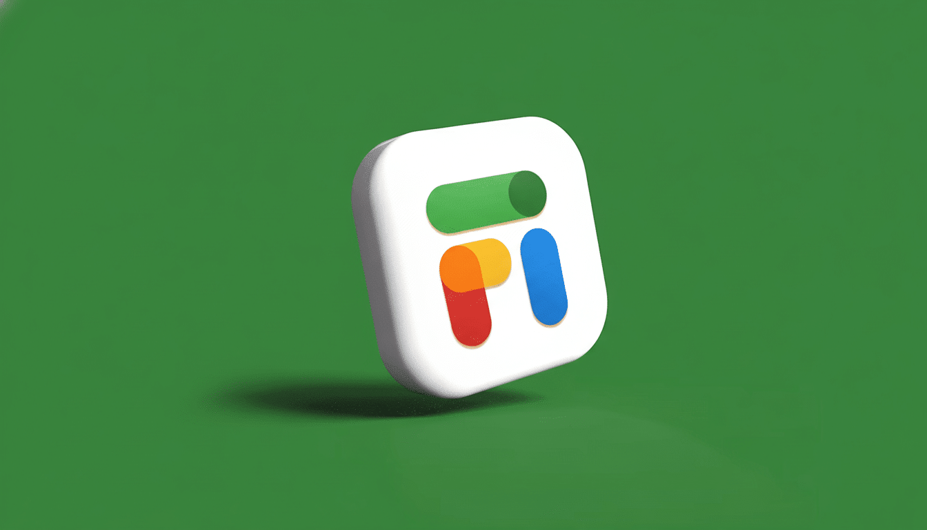 The Google Fi logo, a white square with rounded corners containing a green horizontal bar, a red and orange vertical bar, and a blue vertical bar, floating on a green background .