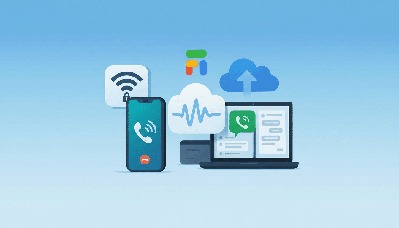 A professional flat design illustrating various communication and cloud services, including a smartphone with a call icon, a laptop showing a chat interface, Wi -Fi and locked padlock icons, a cloud with a waveform, and a cloud with an upload arrow, all against a clean blue background.