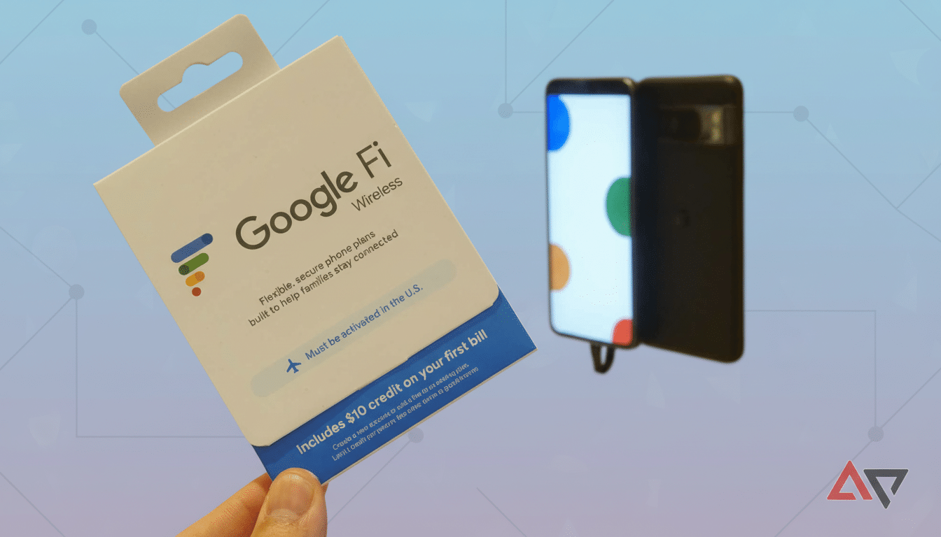 A hand holds a white Google Fi Wireless box with a phone in the background. The box advert ises flexible, secure phone plans and includes a  0 credi