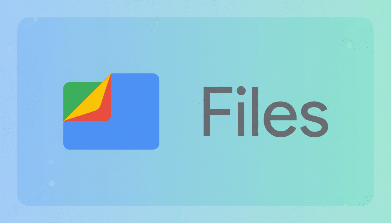 The Google Files app icon and text logo, redesigned with a modern and subtle geometric pattern background in blue and green gradients.