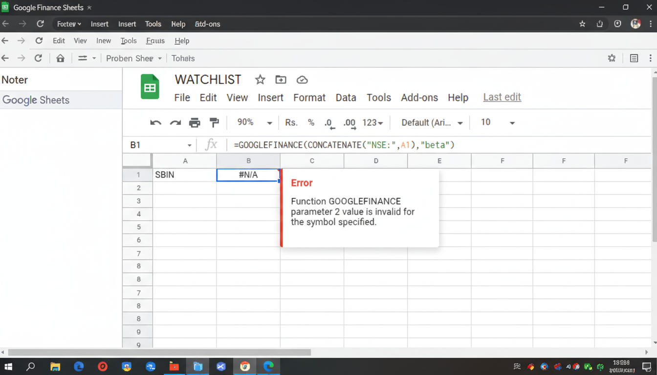 A screenshot of Google Sheets displaying an error message for the GOOGLEFINANCE function, stating Function GOOGLEFINANCE parameter 2 value is invalid for the symbol specified. The sheet shows SBIN in cell A1 and #N/A in cell B1.
