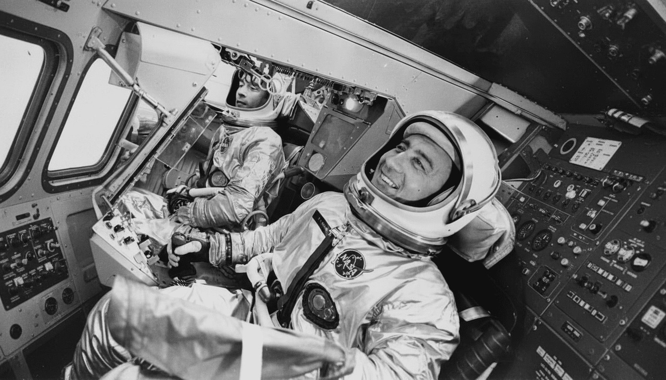 Two astronauts in their spaces uits are seated inside a spacecraft , with one looking forward and the other smiling towards the side .