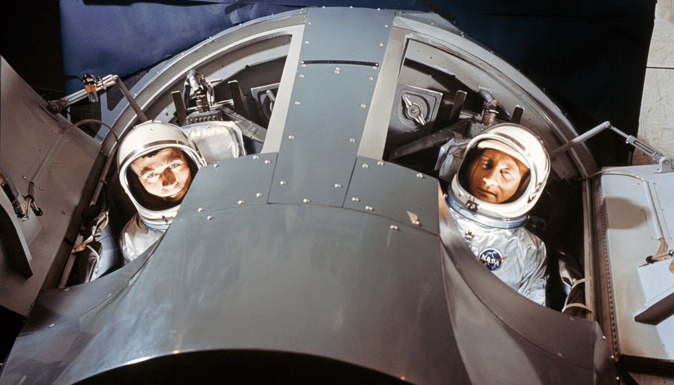 Two astronauts in white helmets and silver suits are seated in what appears to be a Gemini capsule simulator or training module . The perspective is looking down into the open top of the capsule.