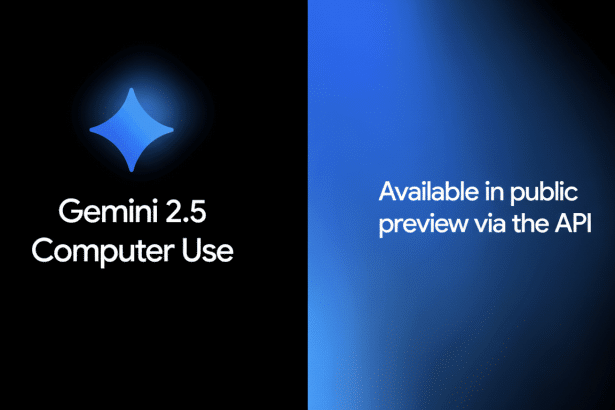 Gemini 2.5 Computer Use logo with text Available in public preview via the API on a split black and blue background .