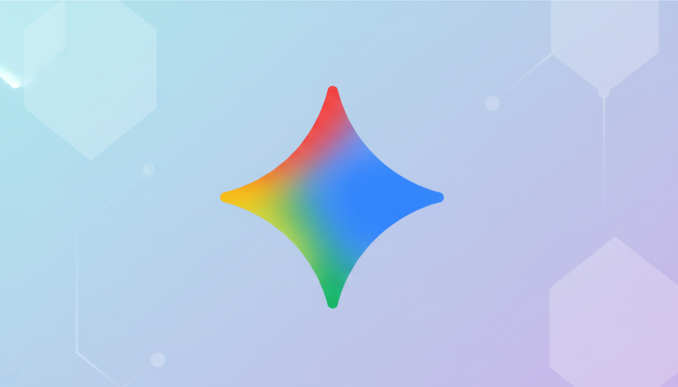 A colorful, four-pointed star icon with a gradient of red, yellow, blue, and green, centered on a light blue and purple gradient background with subtle hexagonal patterns.
