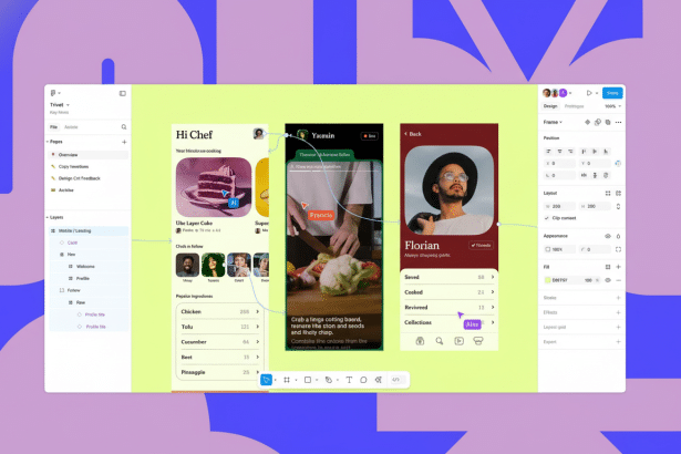 A professional screen design tool showing a food preparation app interface with user profiles and cooking instructions .