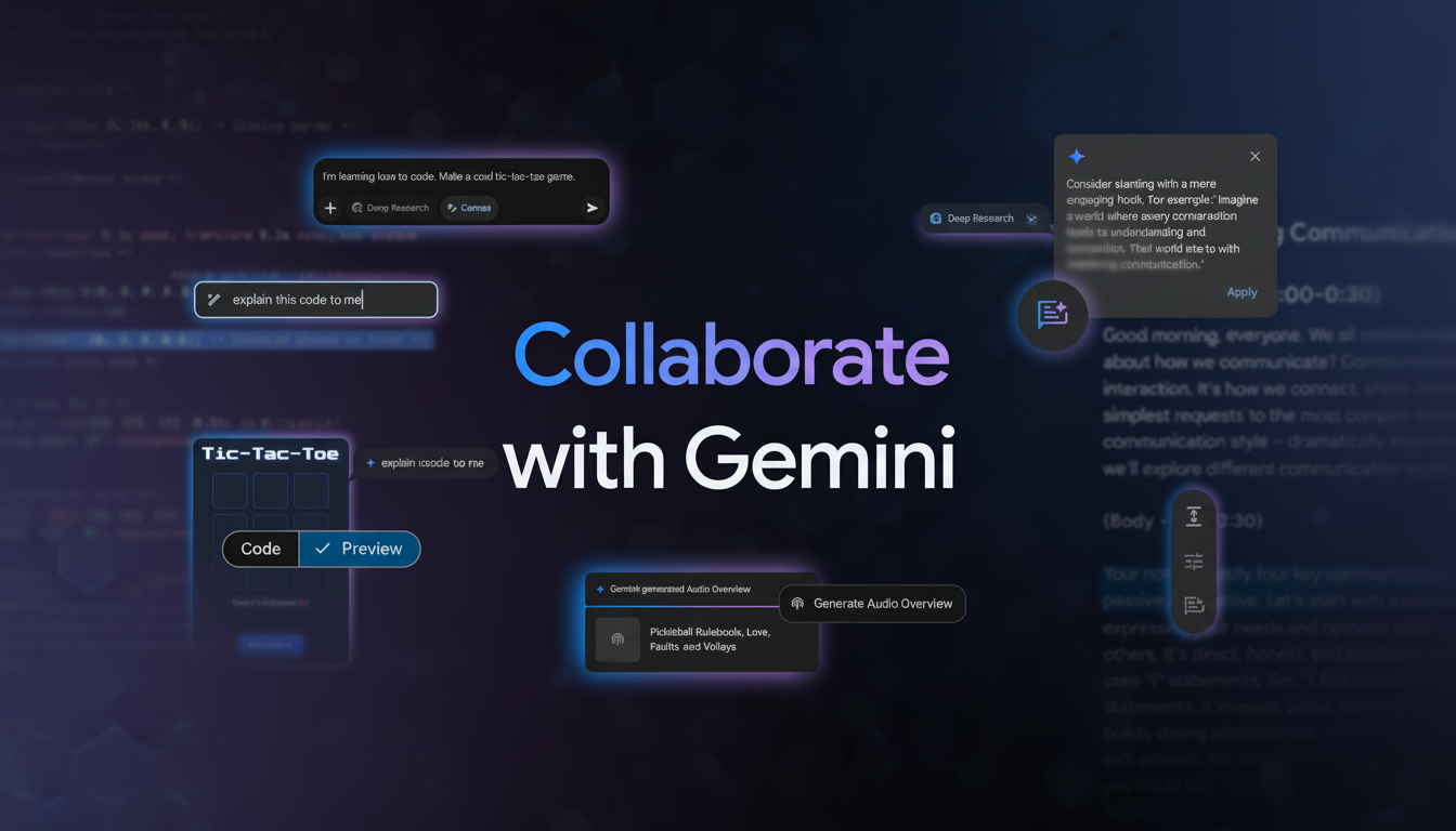 A dark-themed digital interface showcasing various interactive elements related to coding and communication, with the central text Collaborate with Gemini in a gradient font.