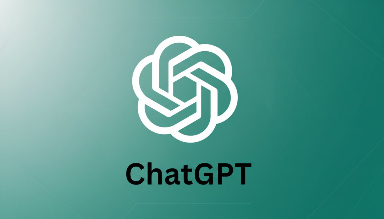 The ChatGPT logo and text on a professional flat design background with soft patterns and gradients, resized to a 16:9 aspect ratio.