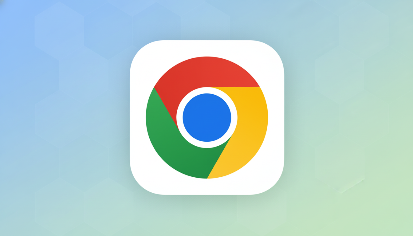 The Google Chrome app icon, featuring a red, green, and yellow circle with a blue center, set against a professional flat design background with soft hexagonal patterns and a blue-green gradient.