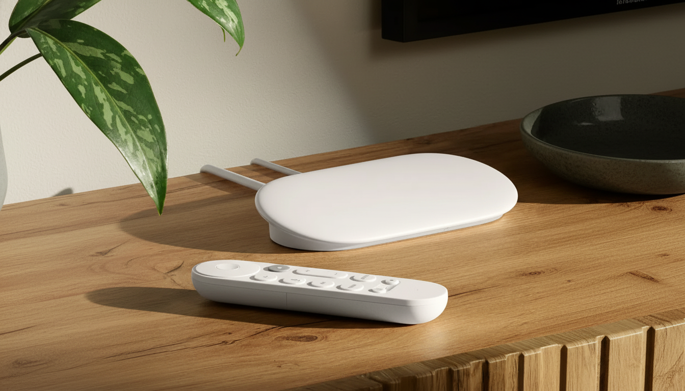 A white oval-shaped device with two antennas and a matching white remote control resting on a wooden surface next to a green plant and a dark bowl.