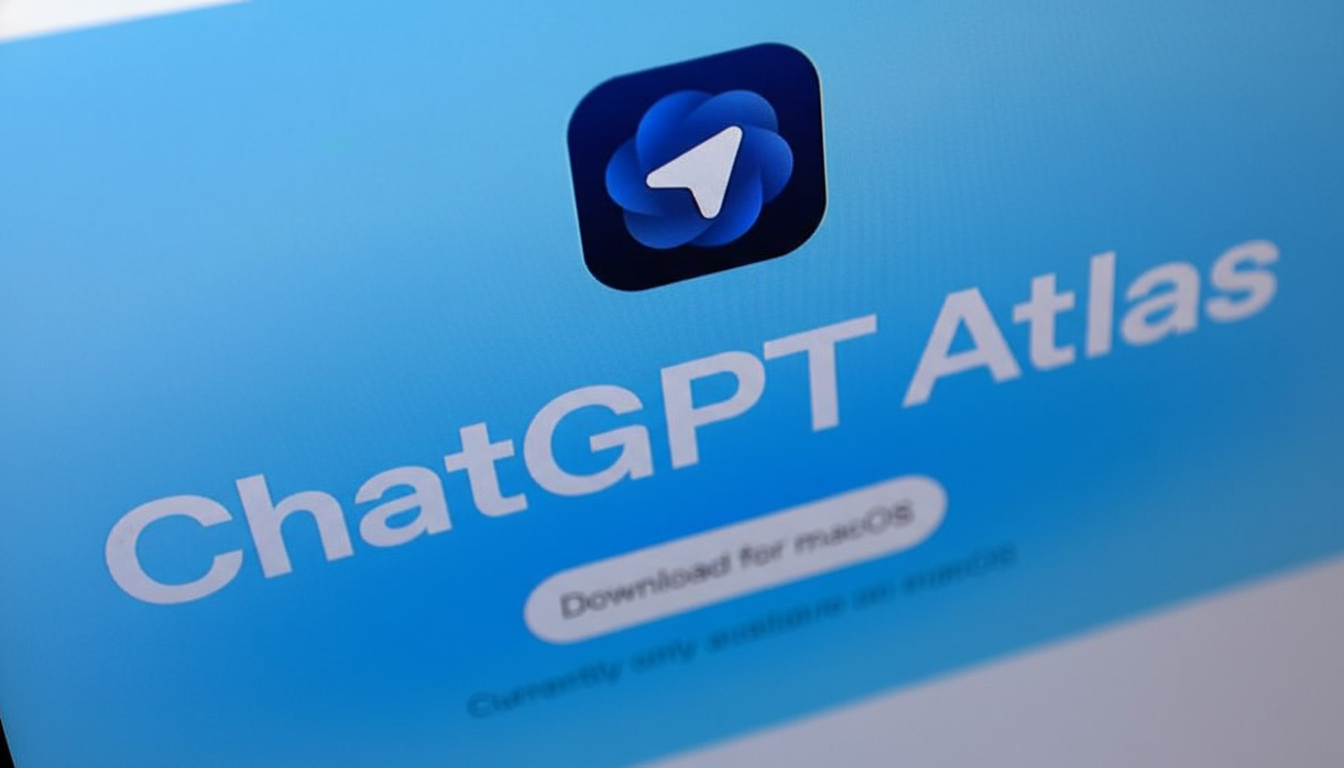 A close-up of a screen displaying ChatGPT Atlas with a download button for macOS, set against a blue background.