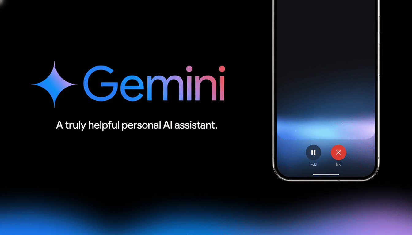 The Google Gemini logo and text A truly helpful personal AI assistant alongside a smartphone displaying a call interface.