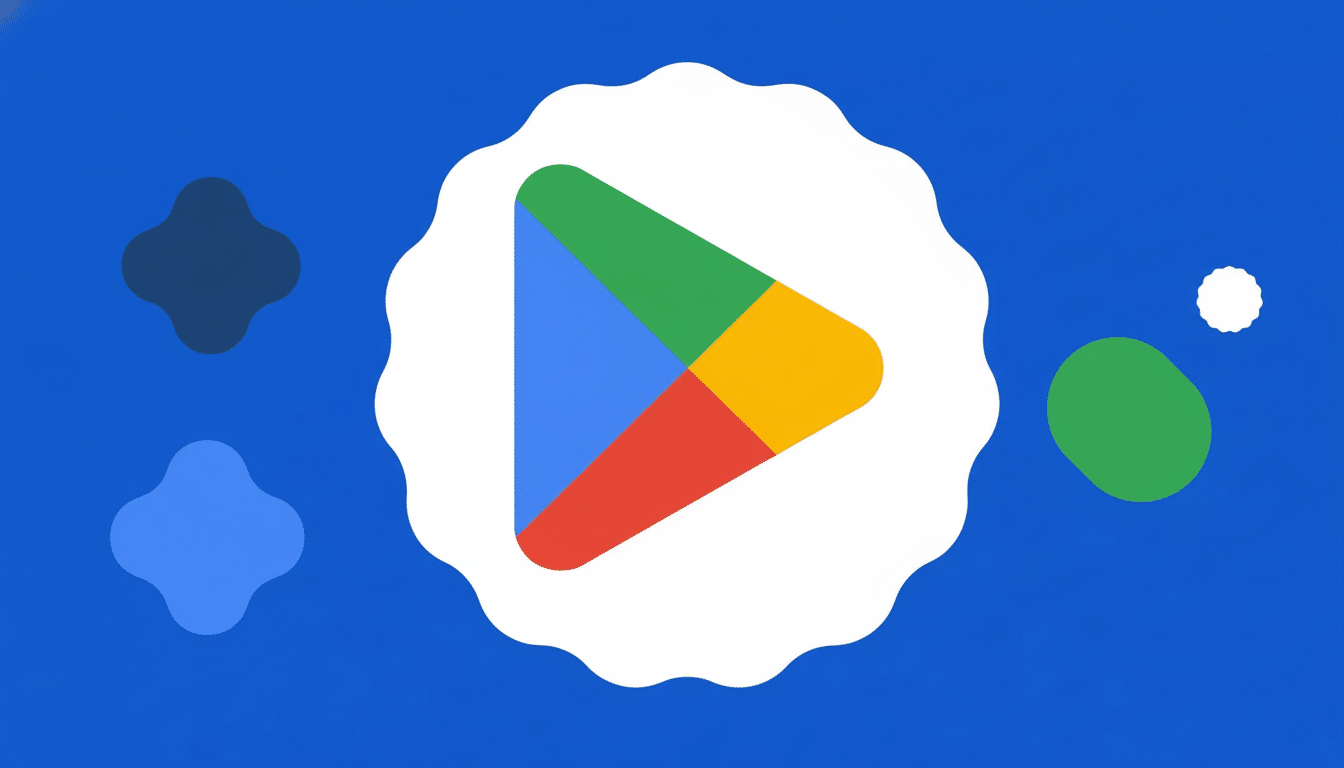 A 16: 9 image of the Google Play logo, a colorful play button, inside a white jagged -edged shape, set against a solid blue background with abstract,