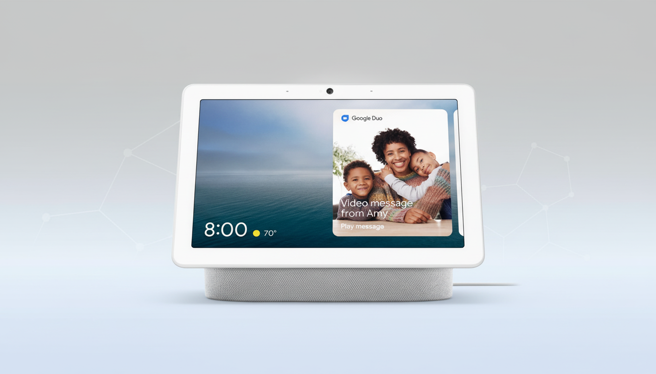 A Google Nest Hub displaying a video message from Amy, featuring a woman and two children, set against a professional flat design background with soft patterns.