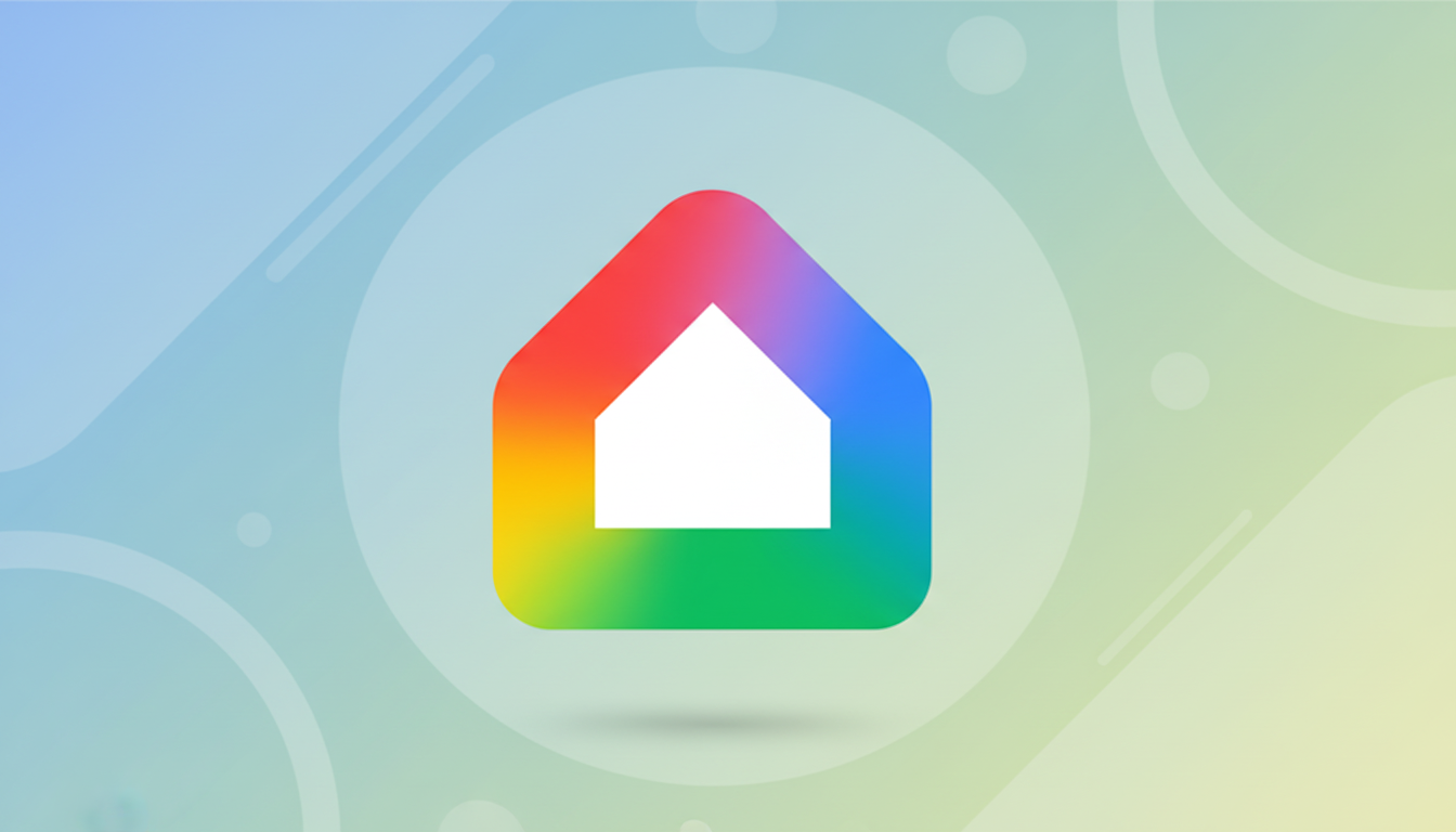 A colorful house icon with a white interior on a professional flat design background with soft patterns and gradients.