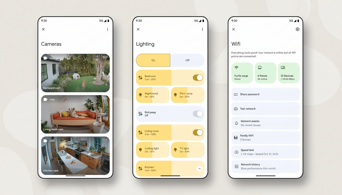 Three smartphone screens displaying Google Home app interfaces for cameras, lighting , and wifi settings. Filename : googlehome appinterface screens .png