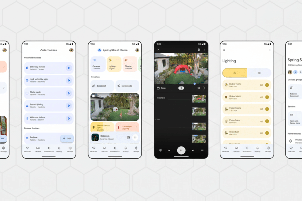 Multiple mobile phone screens showing various Google Home app interfaces for smart home device control and automation.