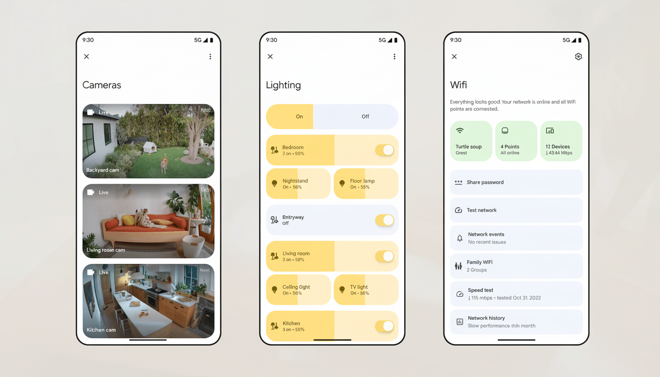Three smartphone screens displaying Google Home app interfaces for cameras, lighting, and Wi- Fi settings.