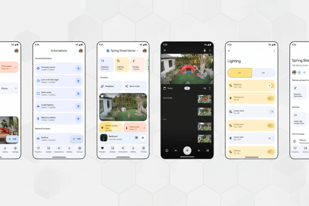 Multiple mobile phone screens showing various interfaces of a smart home application , including device control , automations, security camera feeds, lighting settings, and general settings. Filename : smarthome appinterface . png