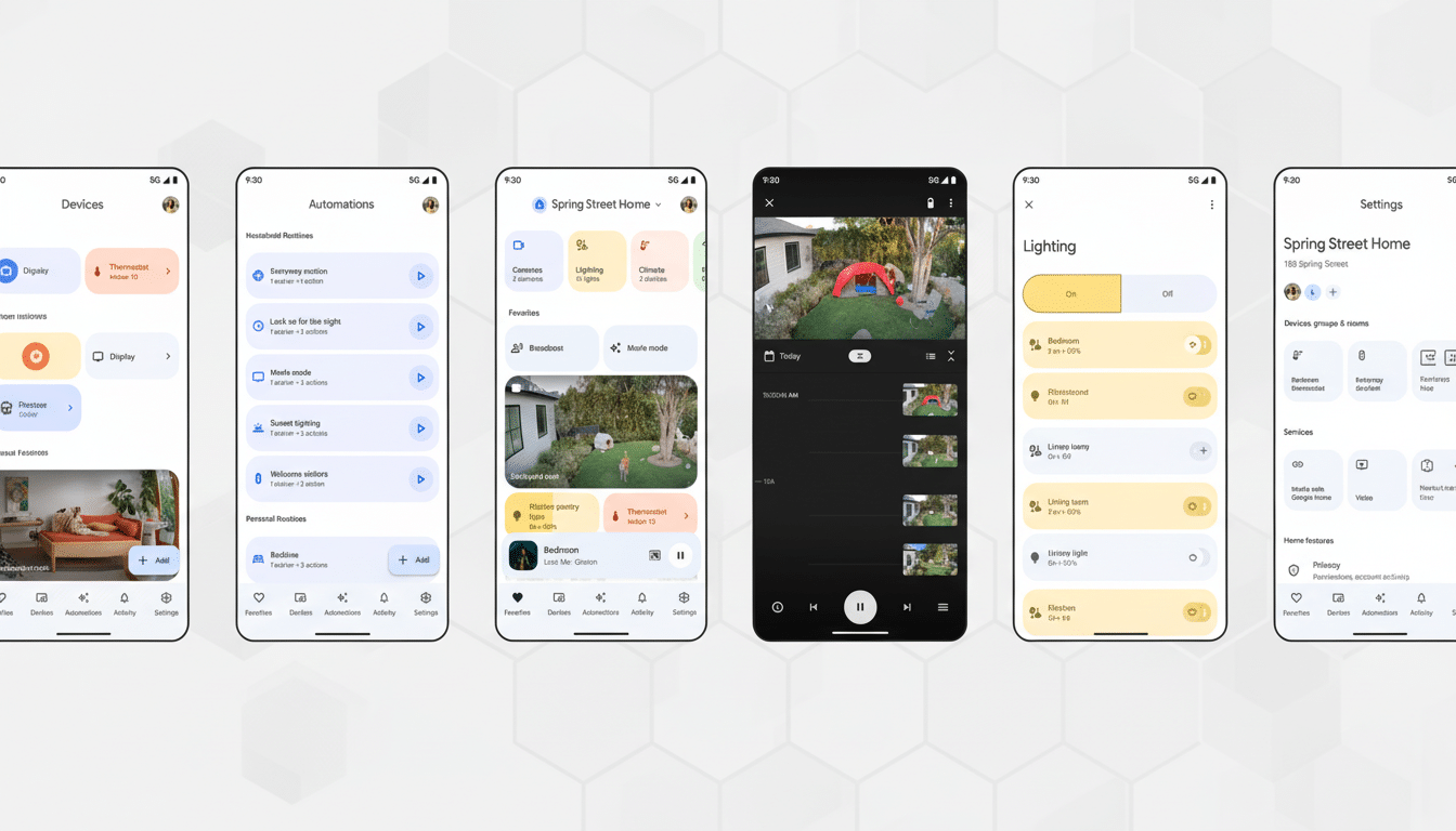 Multiple mobile phone screens showing various interfaces of a smart home application , including device control , automations, security camera feeds, lighting settings, and general settings. Filename : smarthome appinterface . png