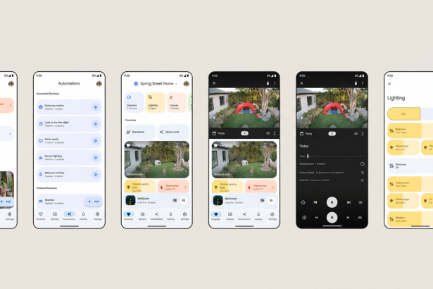 Six mobile phone screens displaying various Google Home app interfaces for smart home device management. The screens show different aspects like device lists , automation routines, favorite device controls , live camera feeds, and lighting controls .