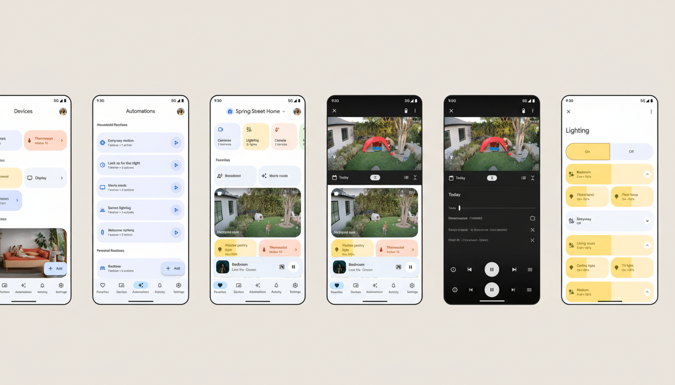 Six mobile phone screens displaying various Google Home app interfaces for smart home device management. The screens show different aspects like device lists , automation routines, favorite device controls , live camera feeds, and lighting controls .