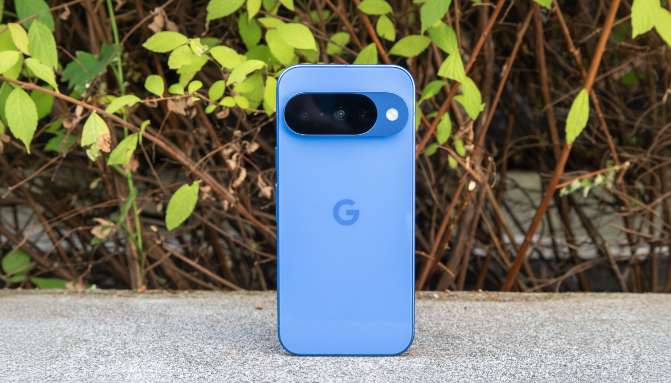 A blue Google Pixel phone stands upright on a concrete surface with a background of green leaves and brown branches.