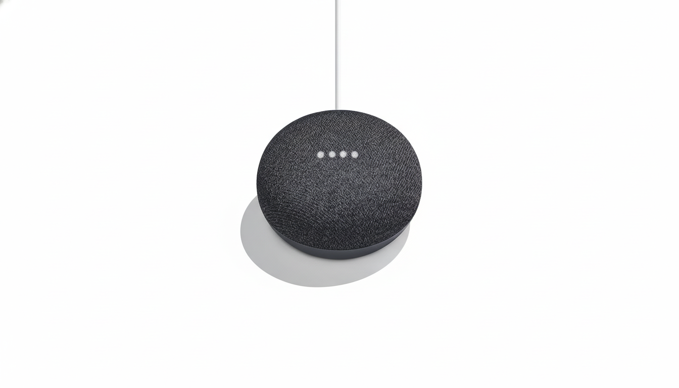 A dark gray Google Home Mini smart speaker with four white indicator lights on top, hanging by its white power cord against a clean white background with a soft gray shadow beneath it.