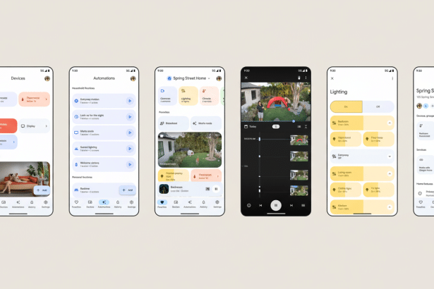 A 16: 9 aspect ratio image of Google Home app screens, showcasing various smart home features like device control, automations, live camera feeds, and