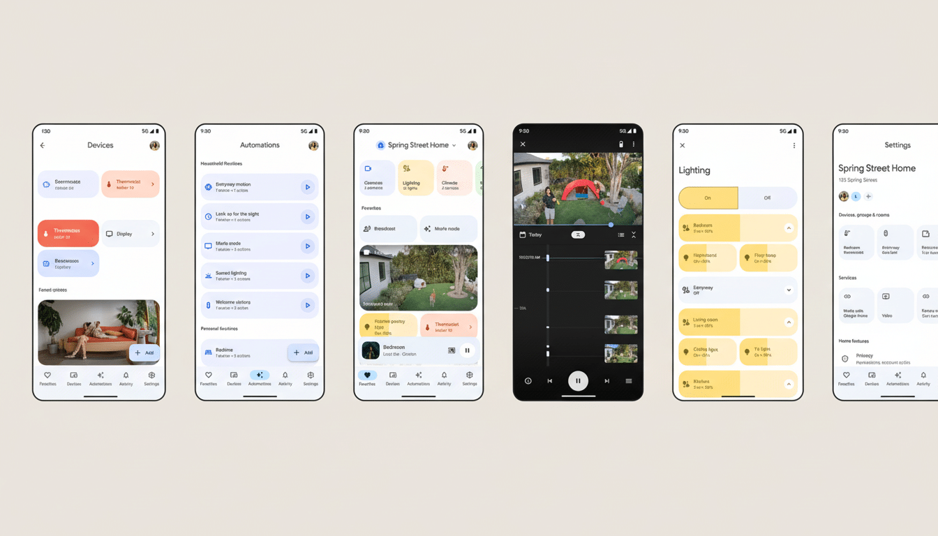 A 16: 9 aspect ratio image of Google Home app screens, showcasing various smart home features like device control, automations, live camera feeds, and