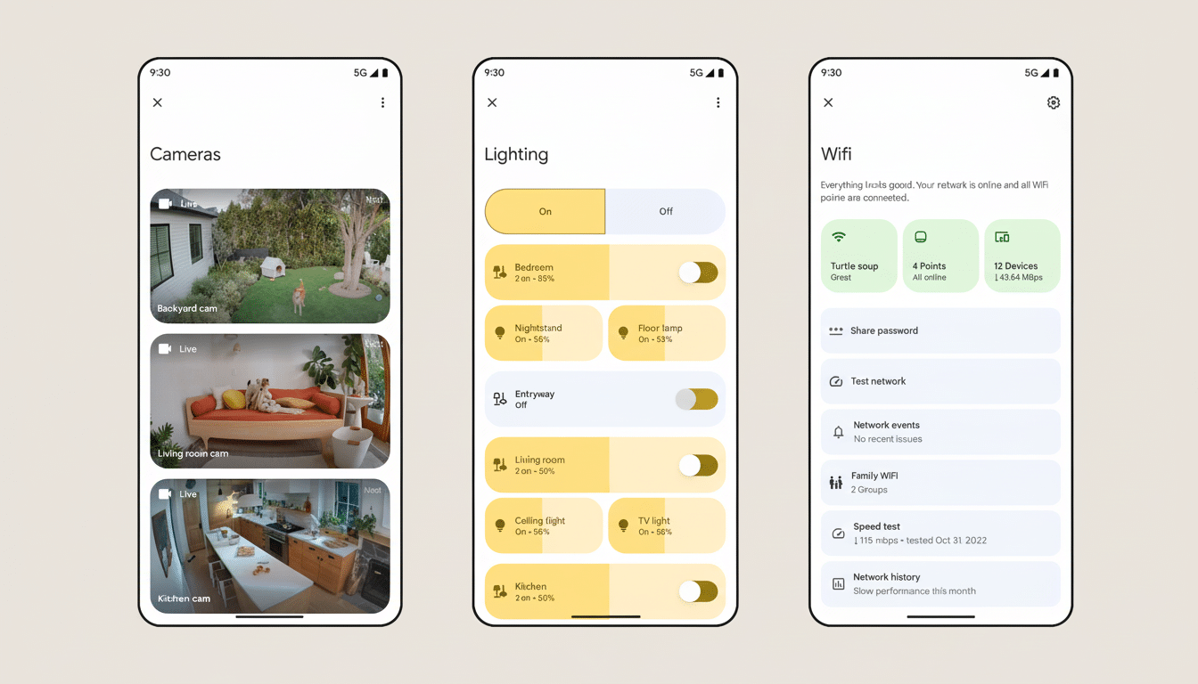 A 16: 9 aspect ratio image featuring three Google Pixel phone screens displaying smart home interfaces: Cameras with live feeds, Lighting controls, an