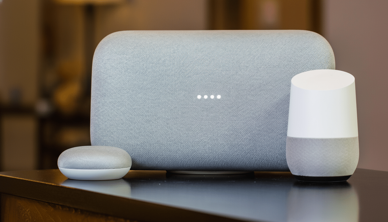 A professional shot of three Google Home smart speakers of different sizes , including the Google Home Mini , Google Home Max , and original Google Home, arranged on a dark surface with a softly blurred background.
