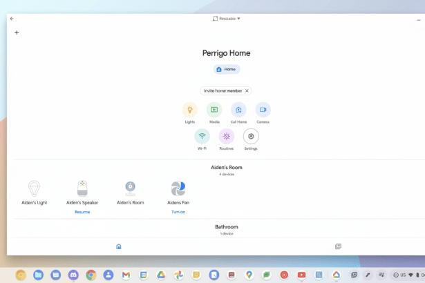 A screenshot of the Perr igo Home smart home control interface, showing various smart devices categorized by room, presented in a clean, professional manner with a light background and a 1 6:9 aspect ratio. Filename : perrigo homeinterface 16x 9. png