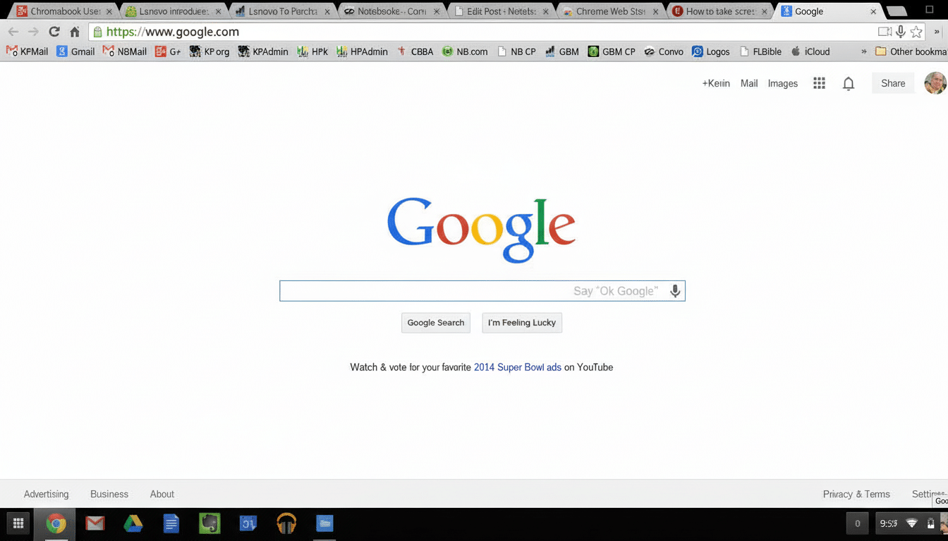 A screenshot of the Google homepage on a Chrome browser , resized to a 16: 9 aspect ratio. The Google logo is prominently displayed in the center , with a search bar below it. The browser tabs show various open websites related to Chromebook s and notebooks.