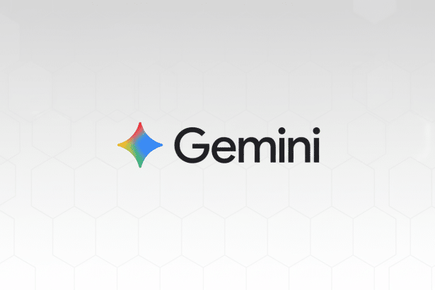 The Gemini logo, featuring a colorful star- like icon and the word Gem ini in black text , presented on a professional light gray background with subtle hexagonal patterns.
