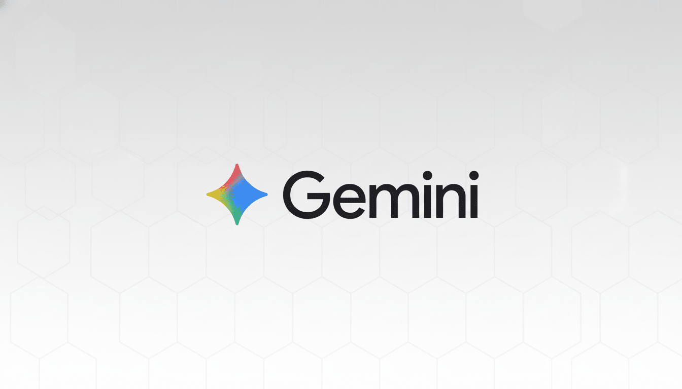The Gemini logo, featuring a colorful star- like icon and the word Gem ini in black text , presented on a professional light gray background with subtle hexagonal patterns.