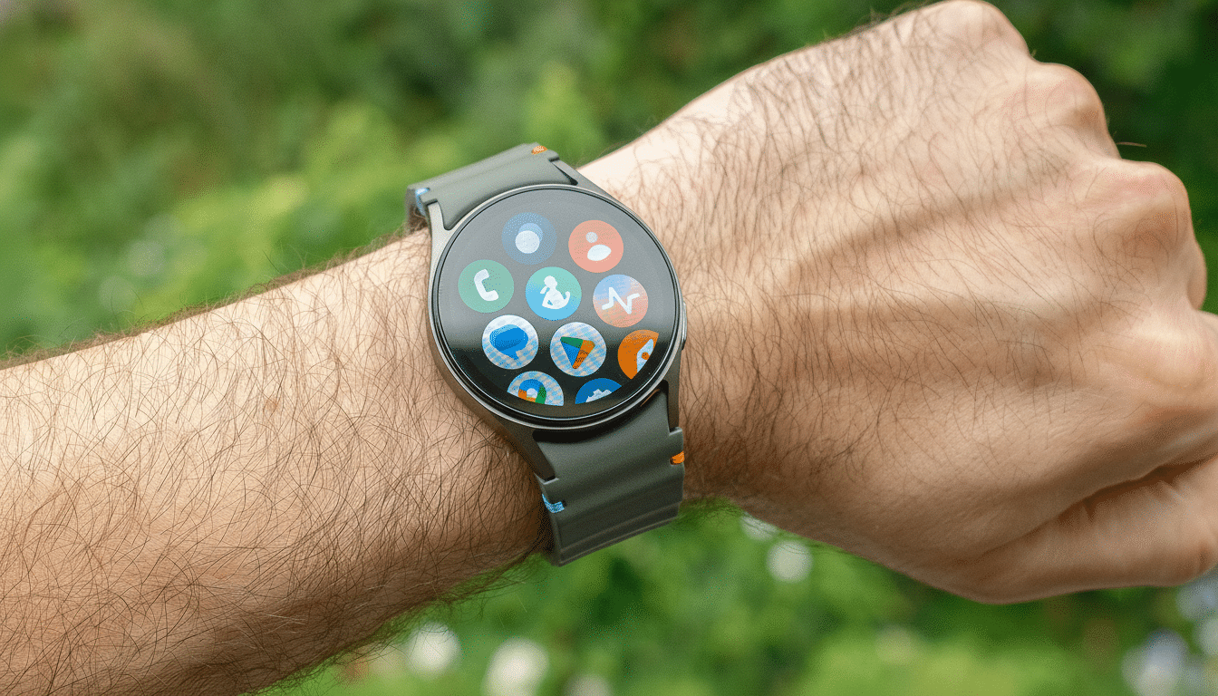 A close-up of a persons arm wearing a smartwatch with various app icons displayed on its screen, set against a blurred green outdoor background.