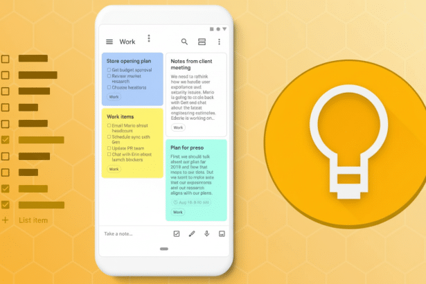 A white smartphone displaying a Google Keep work - related to-do list and notes, set against a bright yellow background with a white lightbulb icon in a yellow circle to the right .