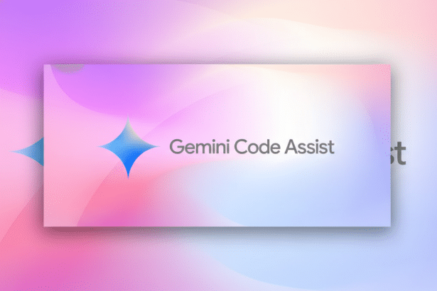 ** The Gemini Code Assist logo with a blue four-pointed star icon and Gemini Code Assist text, set against a soft, gradient background of pink , purple, and blue hues, professionally enhanced . **