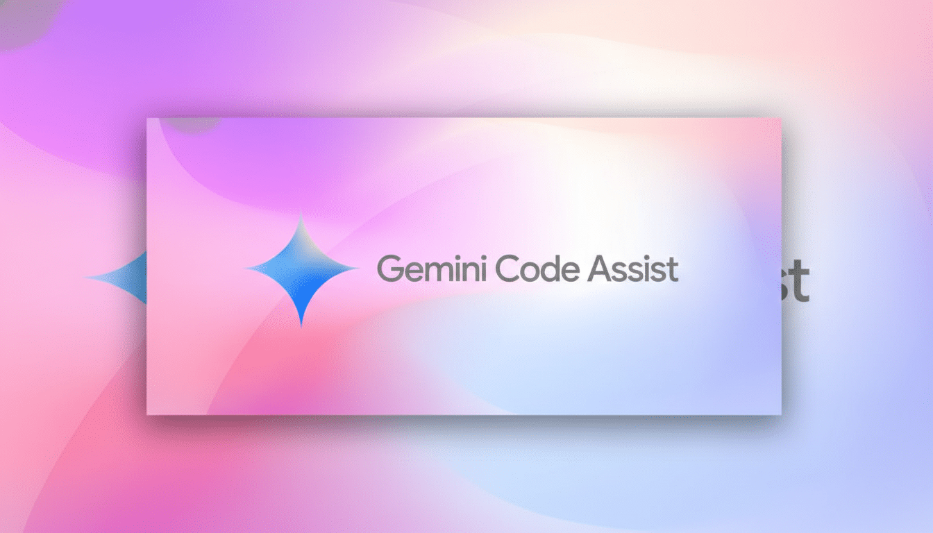 ** The Gemini Code Assist logo with a blue four-pointed star icon and Gemini Code Assist text, set against a soft, gradient background of pink , purple, and blue hues, professionally enhanced . **