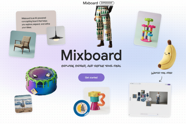 The Mix board homepage , featuring the title Mix board in large black letters, surrounded by various colorful and eclectic objects like a chair , a banana plush ie , a layered cake, and a person in patterned pants. A Get started button is visible below the title , and a text box describes Mixboard as an AI-powered concept ing board.