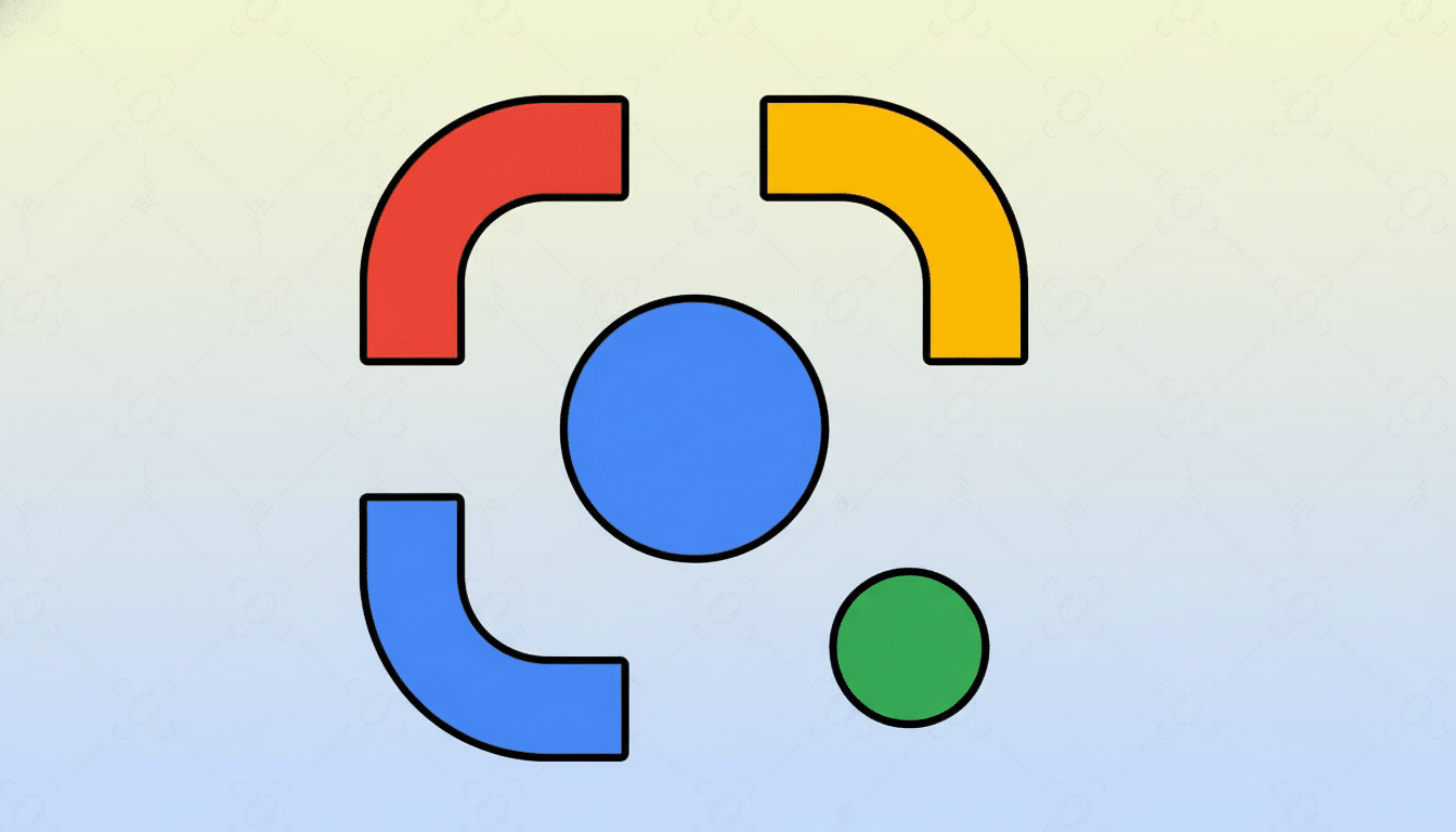 The Google Lens logo, featuring a blue circle in the center, a smaller green circle to the bottom right, and four rounded L-shaped corners in red, yel